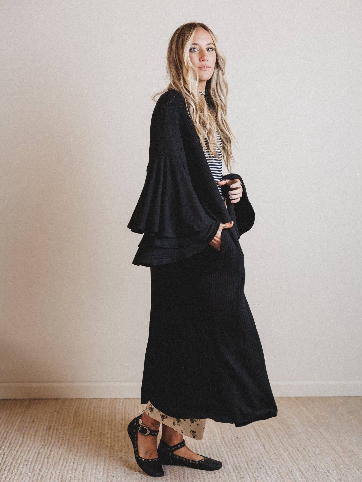 Three Bird Nest Radiant Ruffles Duster Cardigan - Black