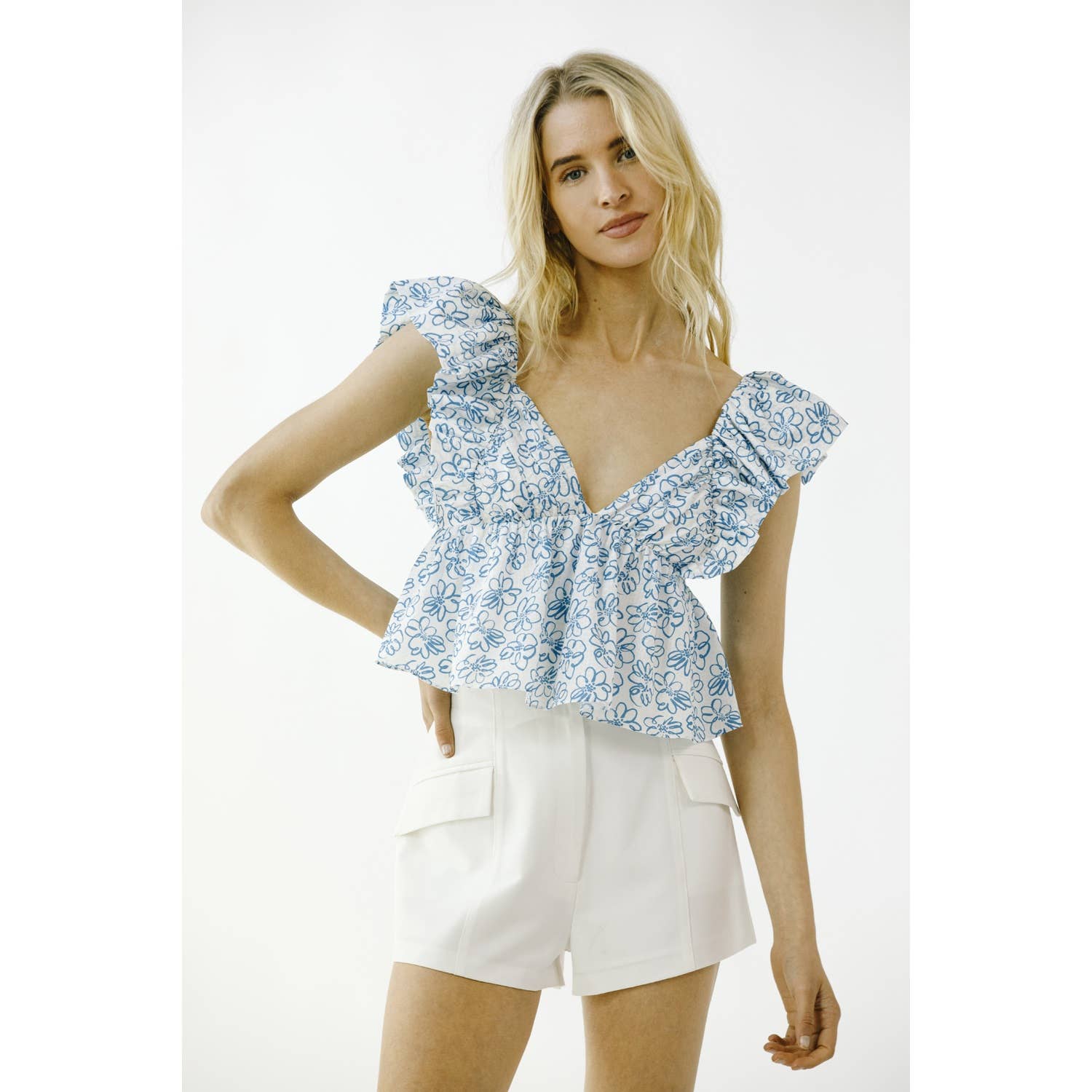 STORIA SYDNEY BABY DOLL TOP WHITE BLUE FLORAL