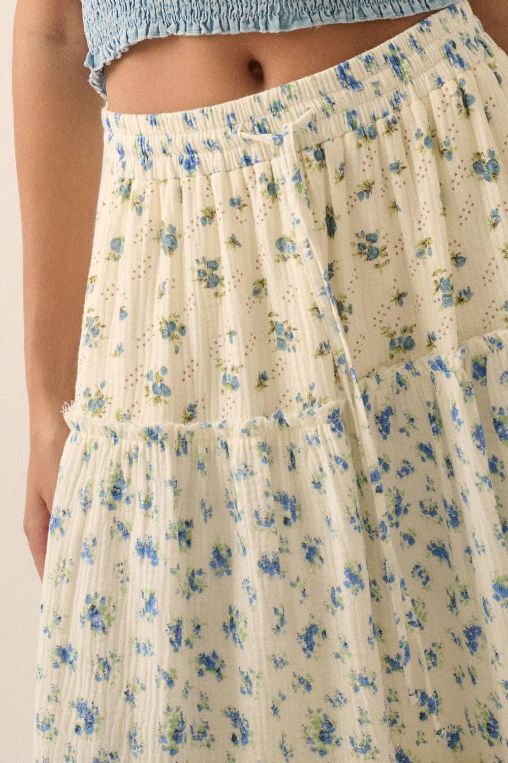 Promesa USA FLORAL CRINKLE COTTON COLORBLOCK TIERED MAXI SKIRT