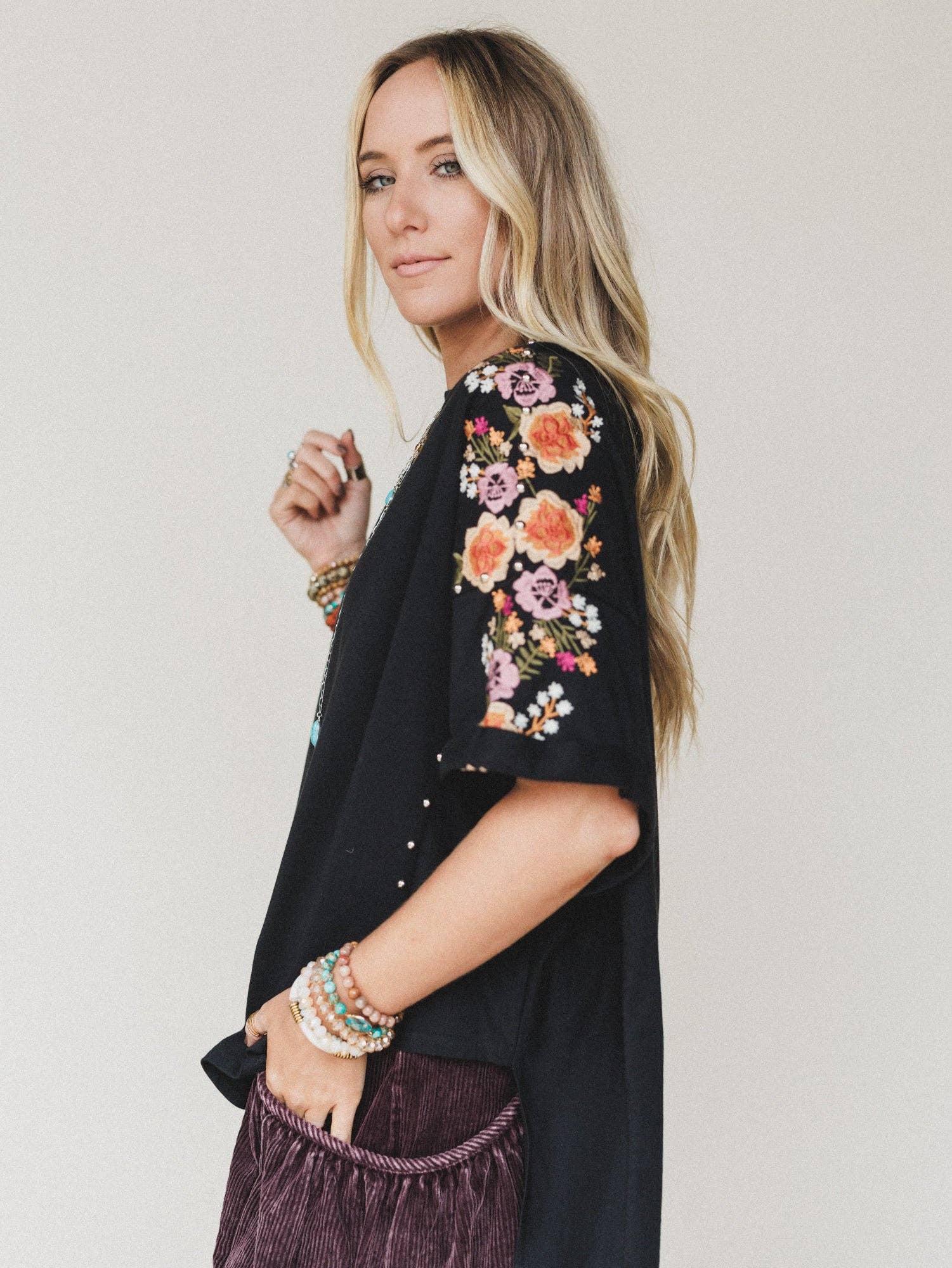 Three Bird Nest Tomcat Studded High Low Top - Black Floral Embroidery