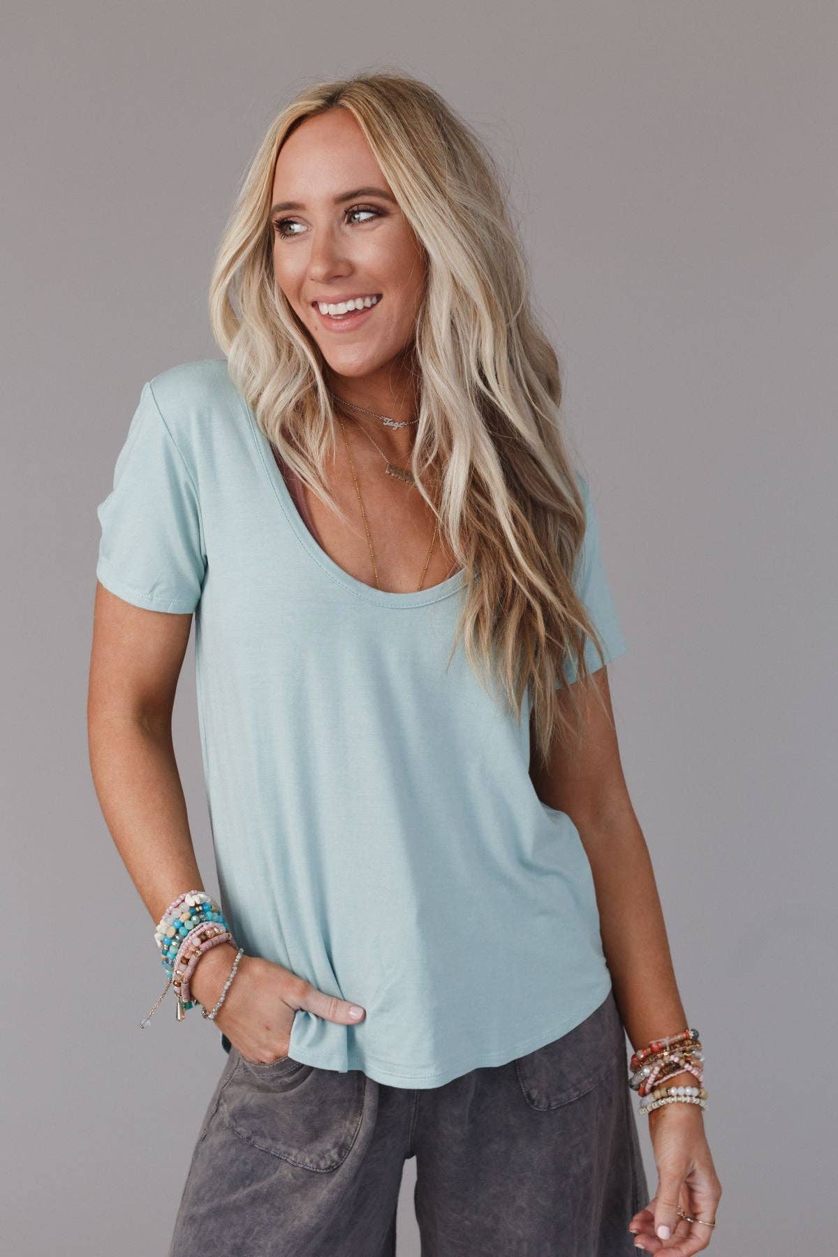 Three Bird Nest Scoop Neck Bralette Tee - Washed Seafoam