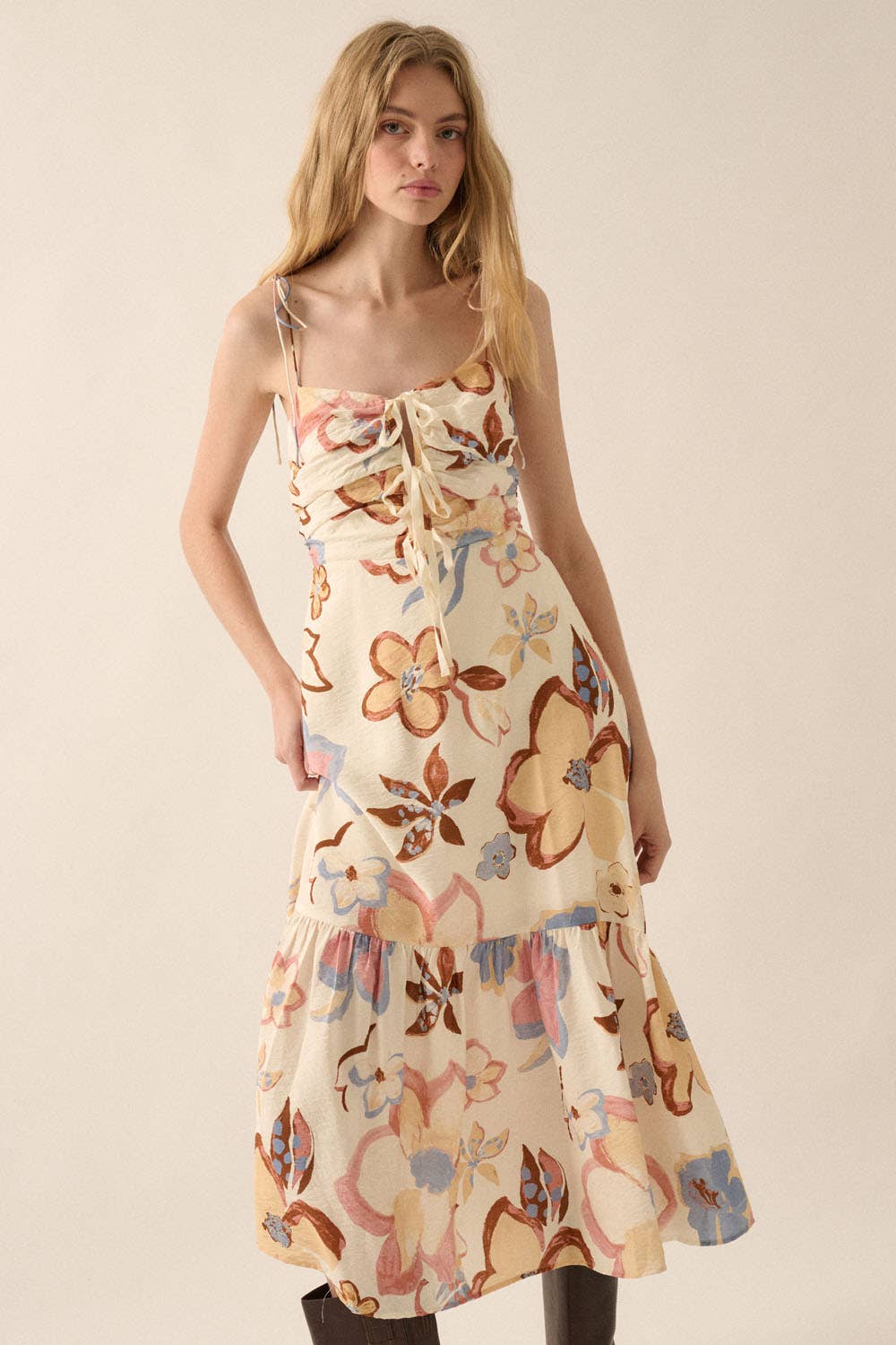 Promesa USA TEXTURED FLORAL-PRINT TIE-FRONT RUFFLE MIDI DRESS