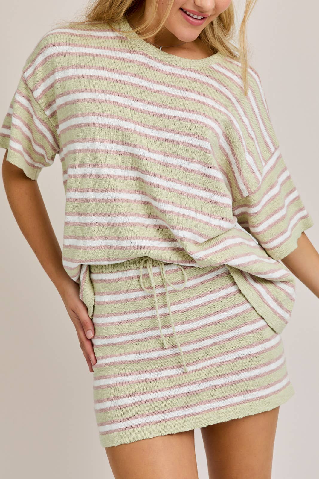 LE LIS CREW NECK STRIPED OVERSIZED SWEATER TOP WITH MINI SKIRT SET