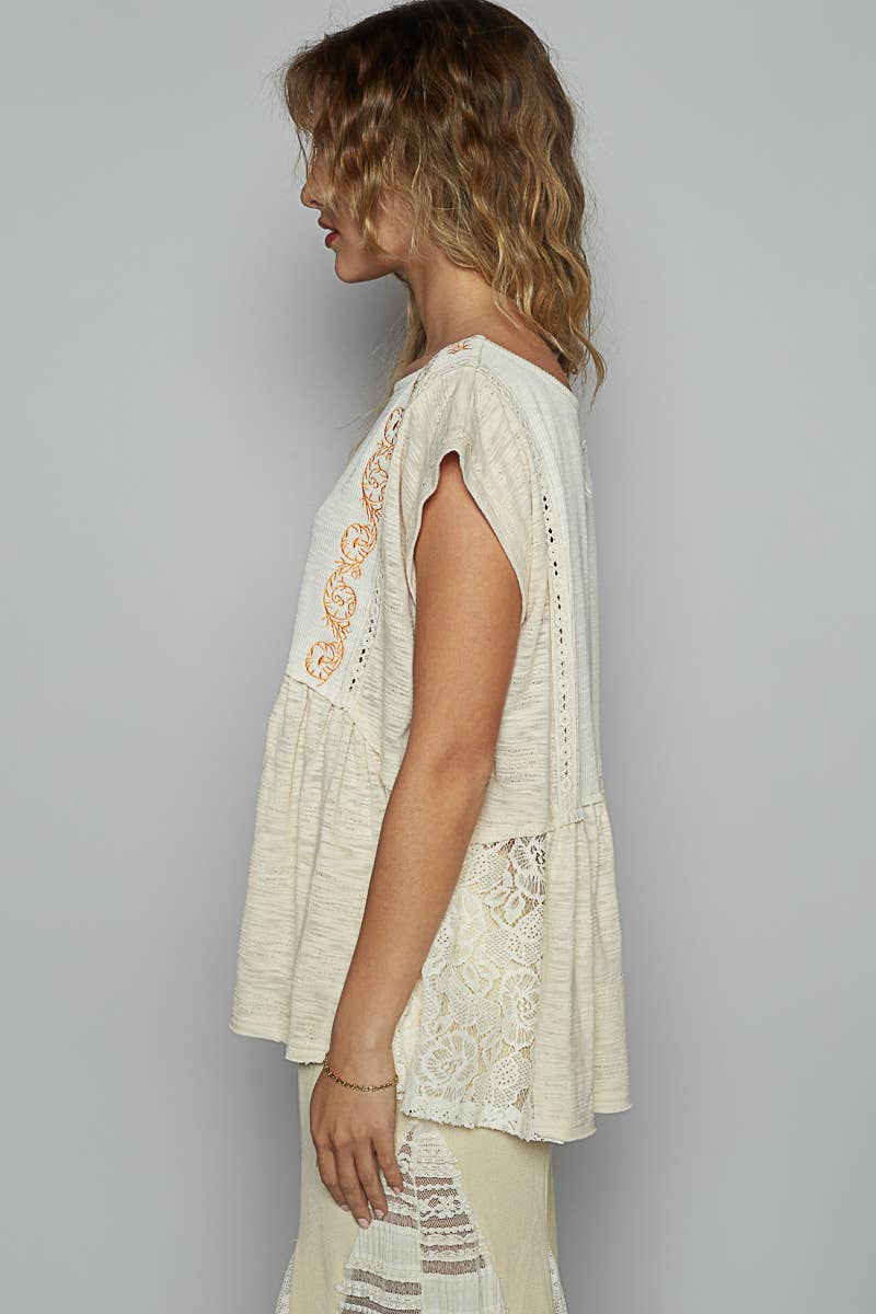 Pol Clothing BOAT NECK SOLID EMBROIDERY TEXTURED KNIT TOP