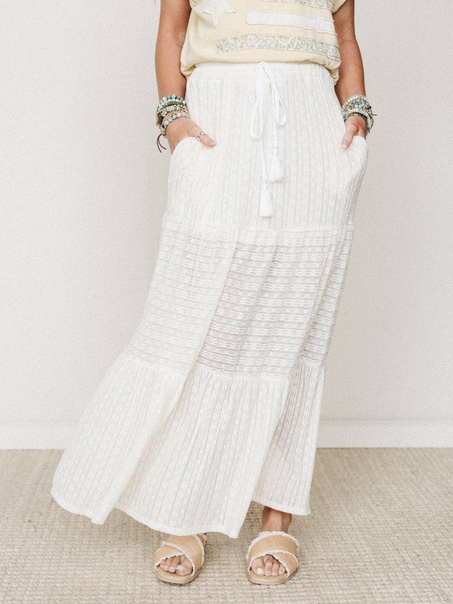 Three Bird Nest Golden Drift Tiered Maxi Skirt - Cream