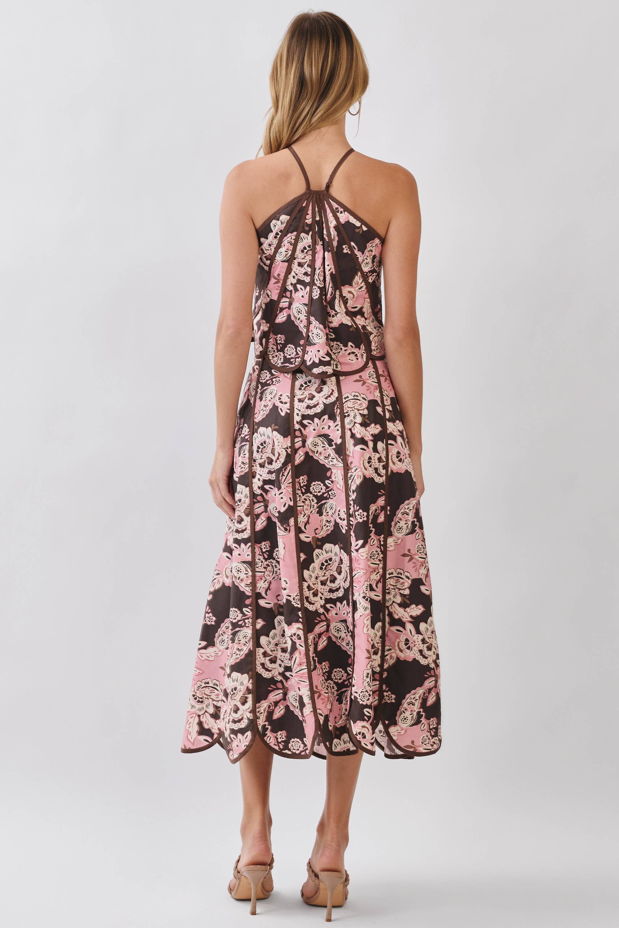 TCEC CS4094-Floral Print Saclloped Hem Paneled Midi Skirt