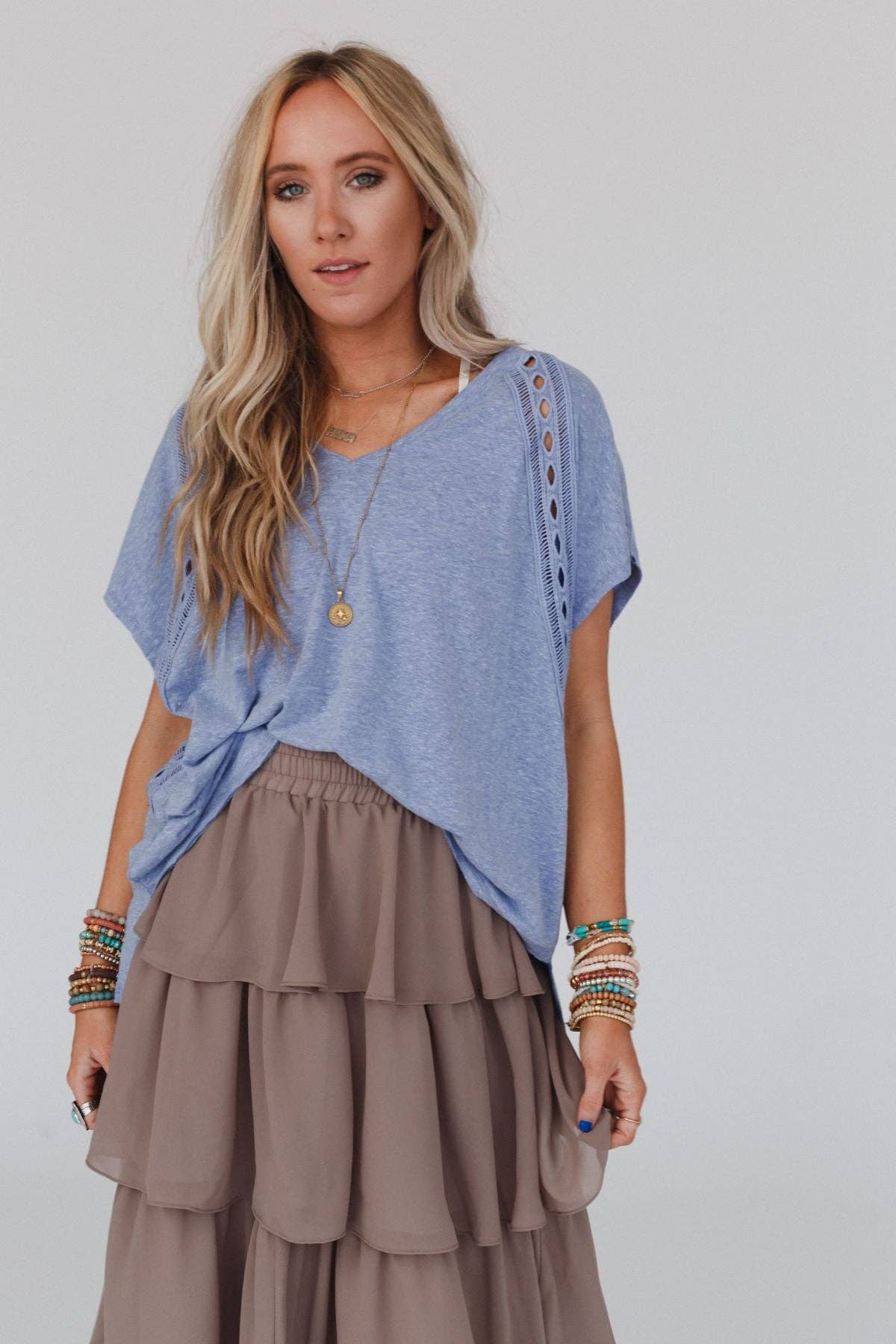 Three Bird Nest Camden Lace V Neck Top - Denim