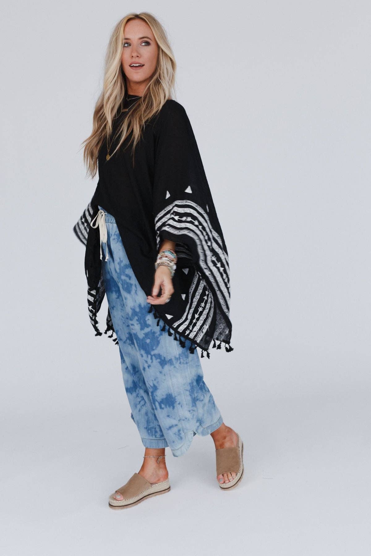 Three Bird Nest Fallon Embroidered Sleeve Tassel Poncho - Black