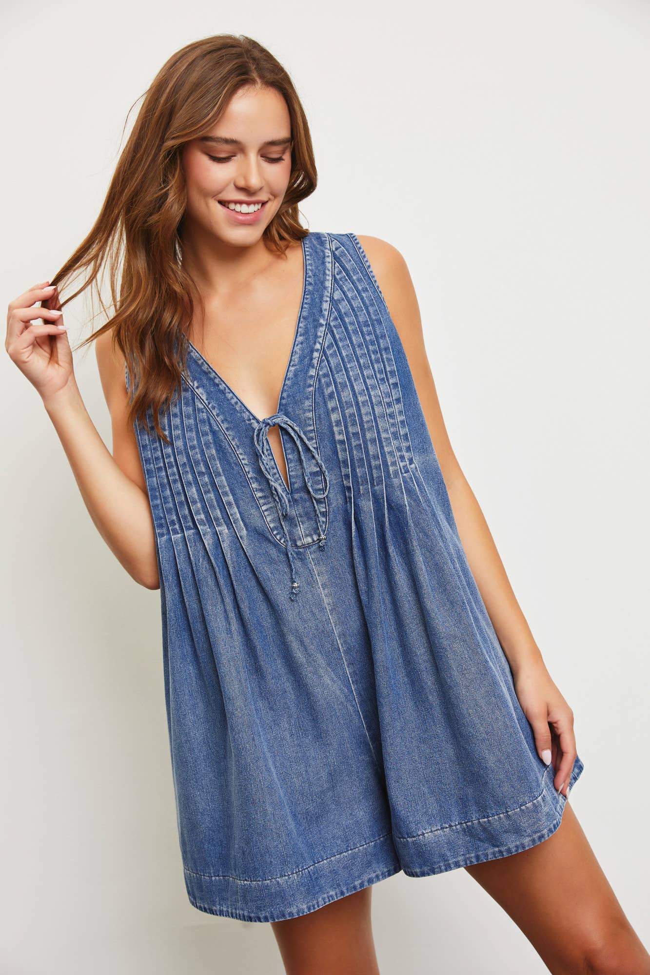 Mustard Seed TIE WITH PLEATED DENIM ROMPER