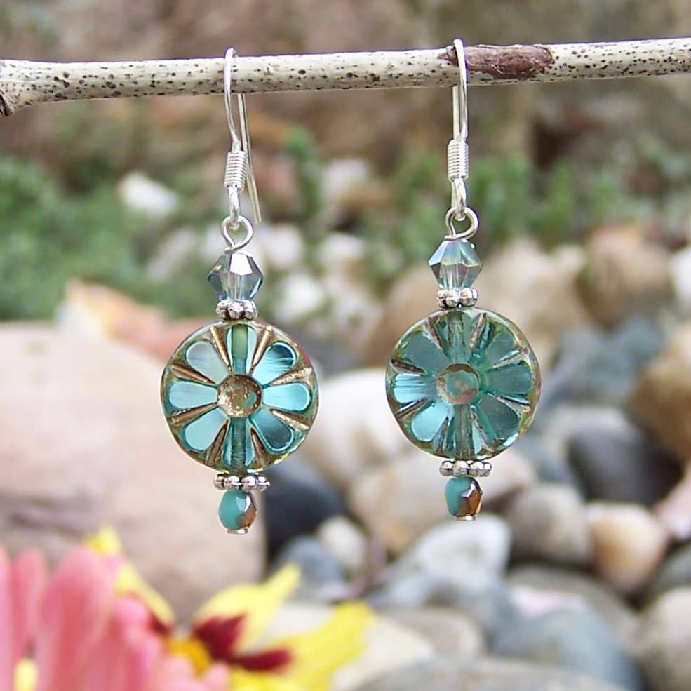 Jo Bird Jewelry Flower Earrings Teal Travertine