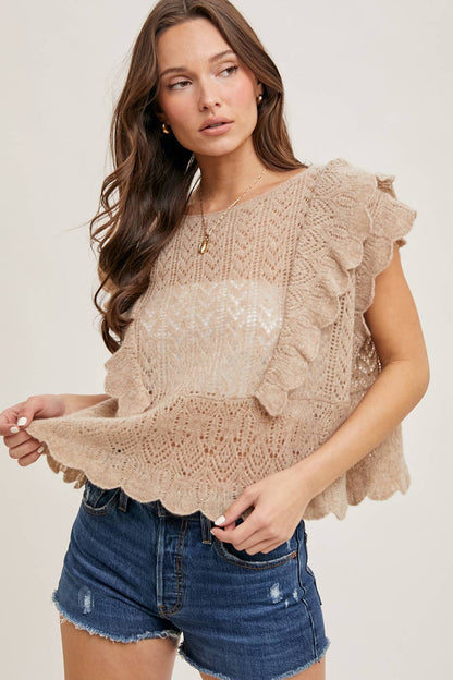 Bluivy OPEN KNIT FLUTTER-SLEEVE POINTELLE SWEATER TOP