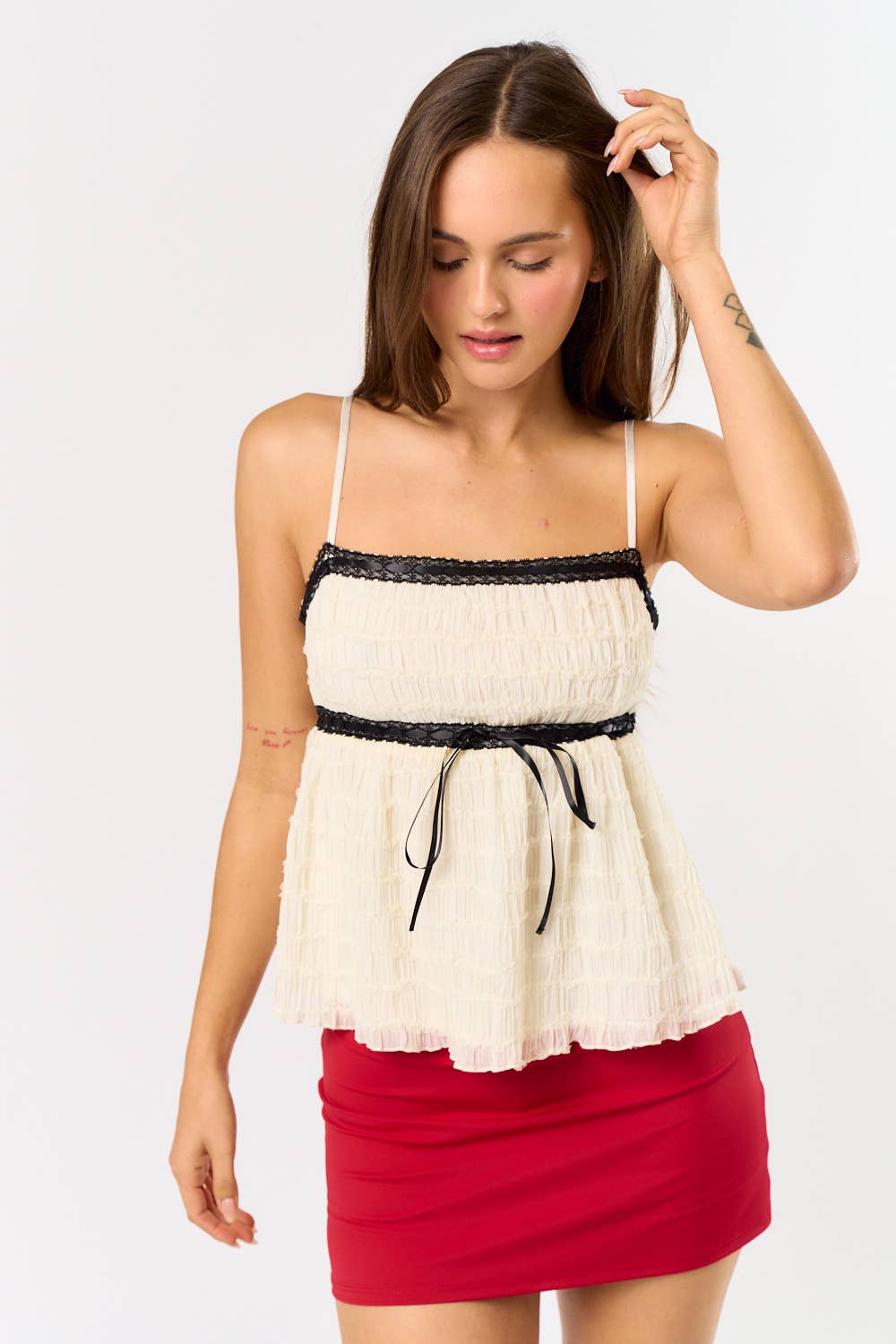 Blue Blush CONTRAST LACE MIX CHIFFON CAMI TOP