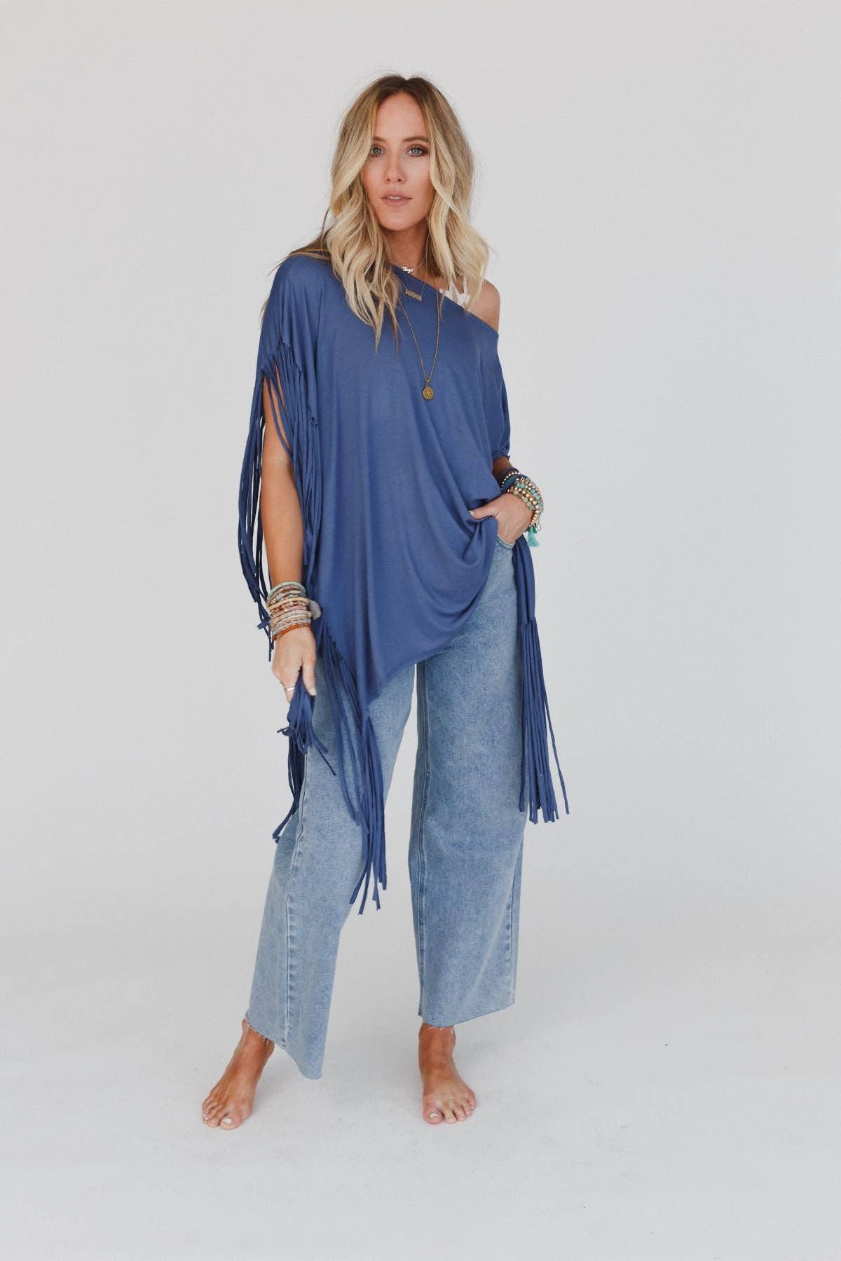 Three Bird Nest Western Showstopper Fringe Top - Denim