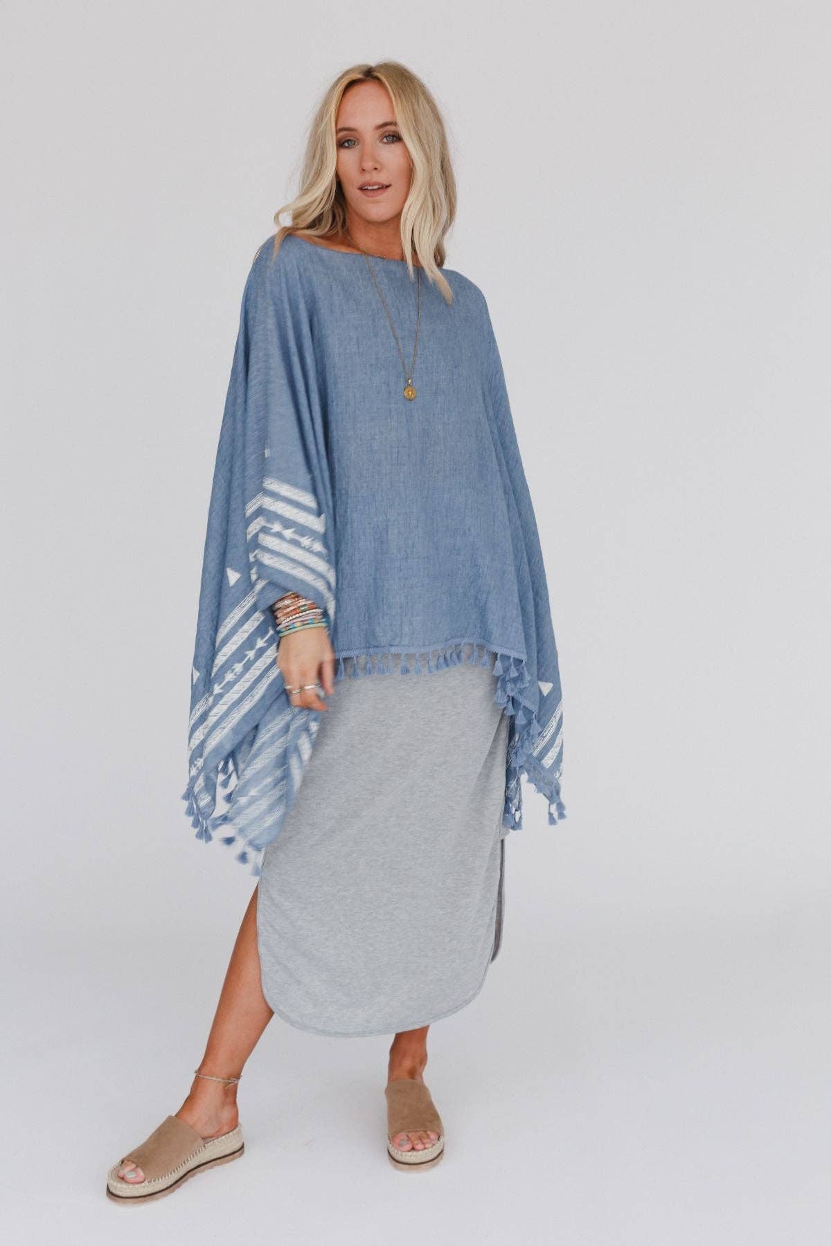 Three Bird Nest Fallon Embroidered Sleeve Tassel Poncho - Blue