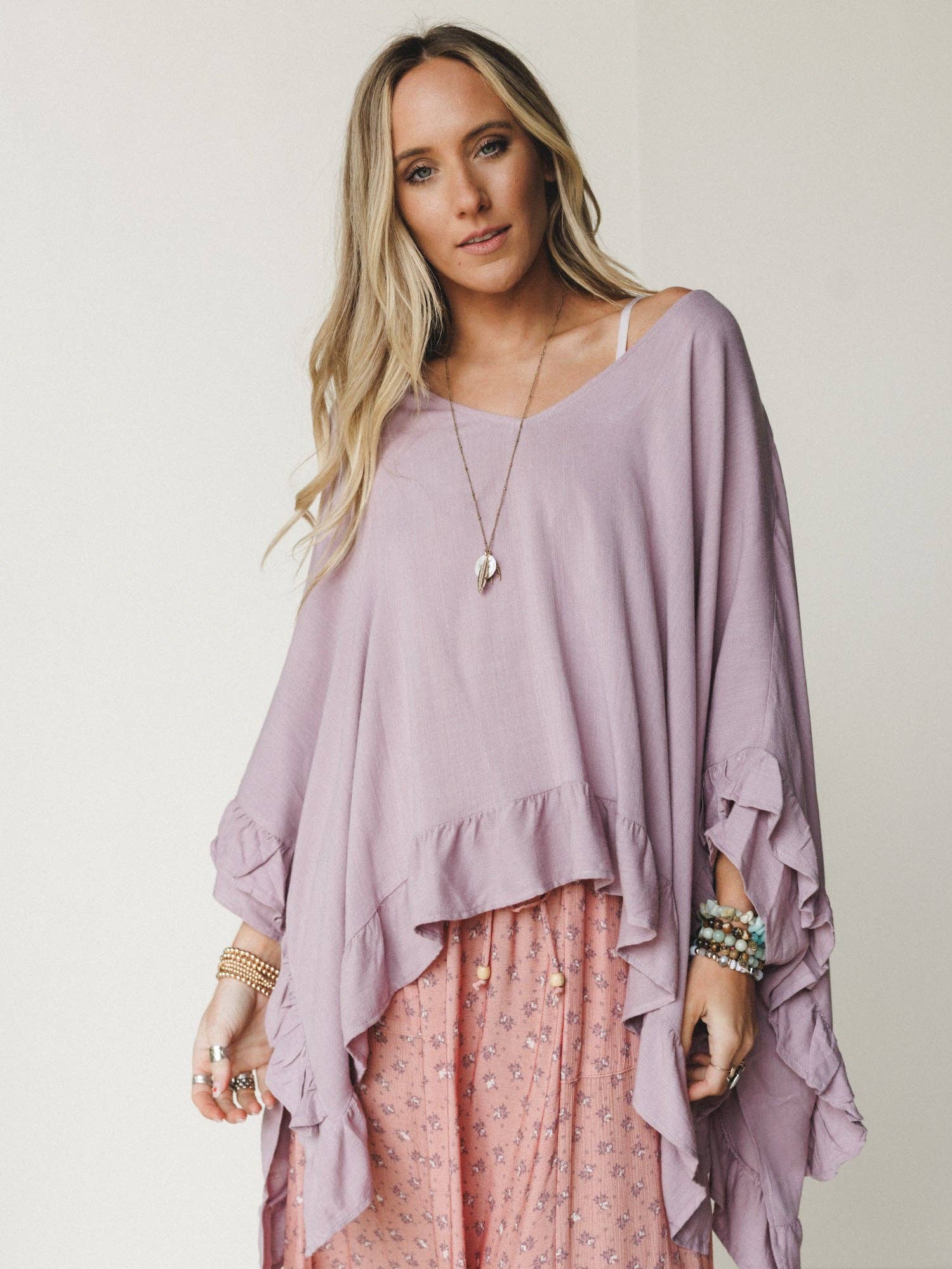 Three Bird Nest Let Me Ruffled Poncho Top - Pale Plum