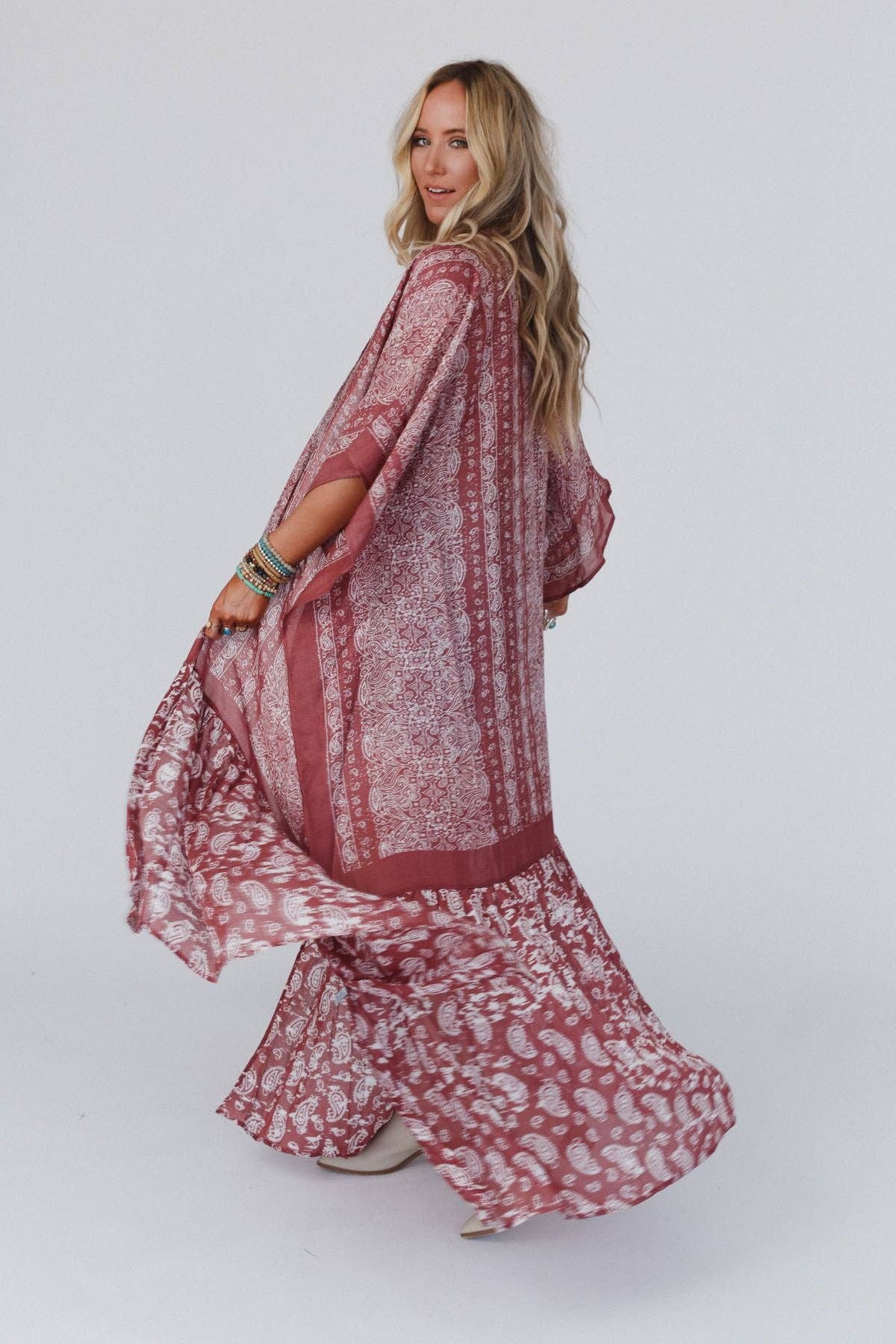 Three Bird Nest Paisley Tapestry Free Flow Duster - Wine