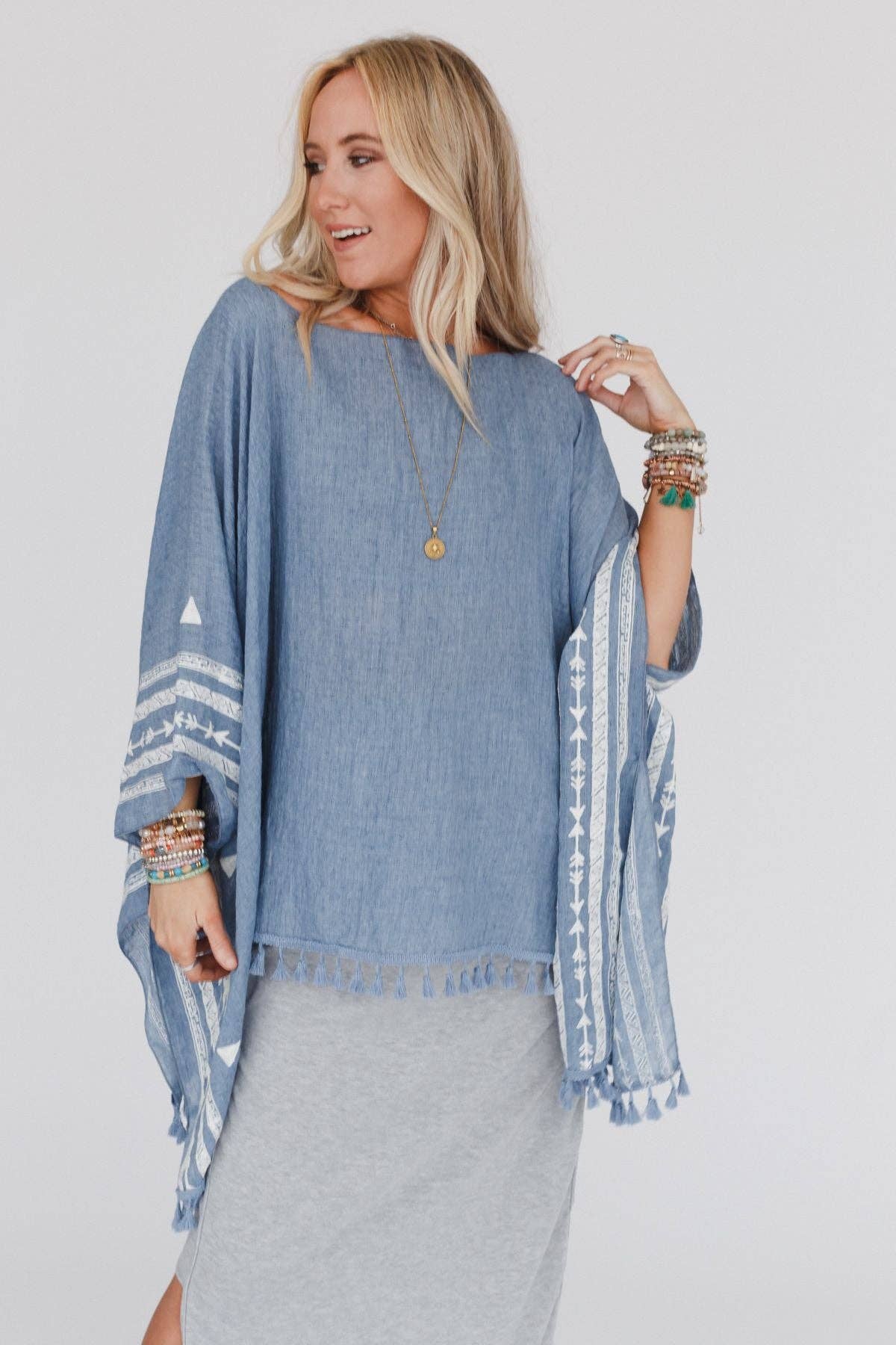 Three Bird Nest Fallon Embroidered Sleeve Tassel Poncho - Blue
