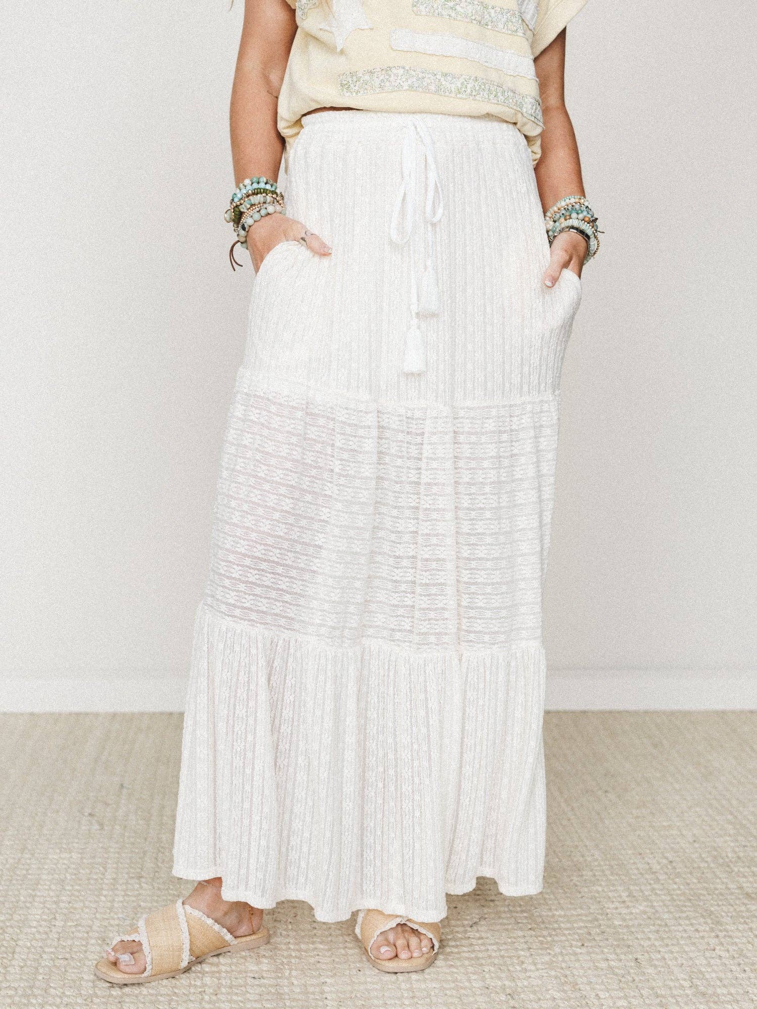 Three Bird Nest Golden Drift Tiered Maxi Skirt - Cream Cream