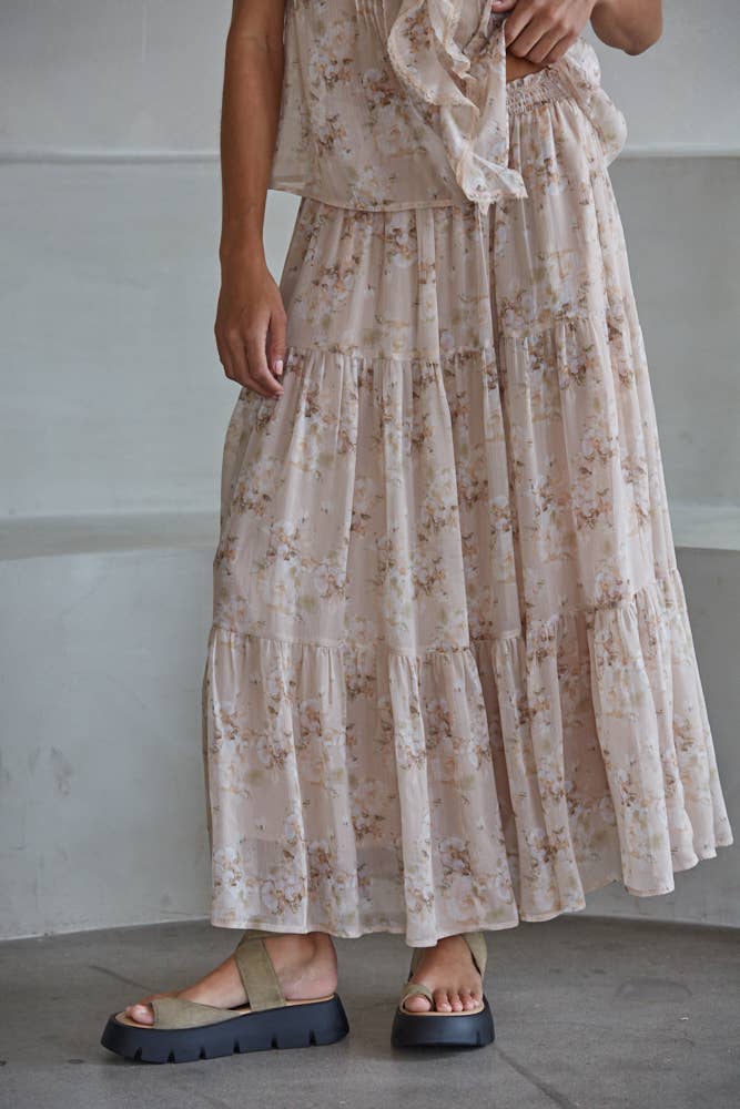 By Together Sweetheart Tiered Midi Skirt Taupe Multi
