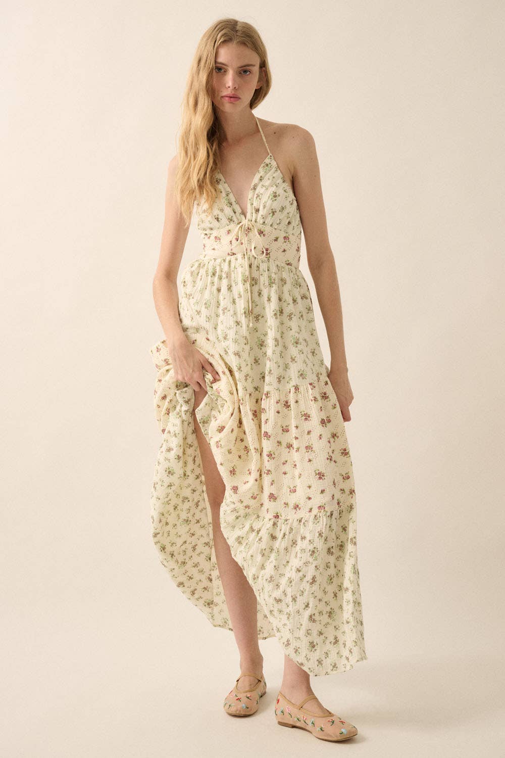 Promesa USA Floral Crinkle Cotton Colorblock Tiered Maxi Dress