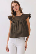 TCEC CT10115-Ruffle Sleeve Button Back Babydoll Top OLIVE