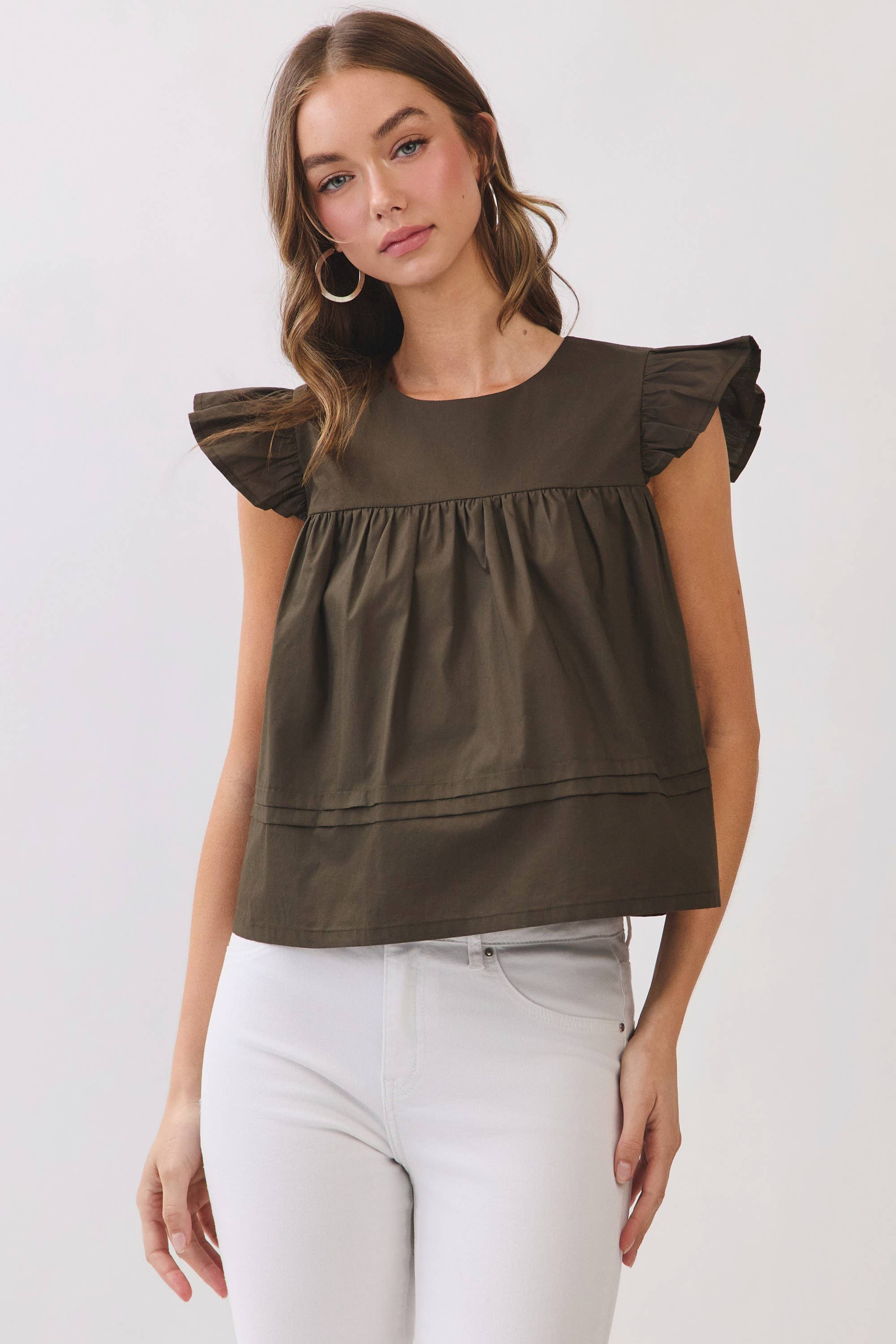 TCEC CT10115-Ruffle Sleeve Button Back Babydoll Top OLIVE
