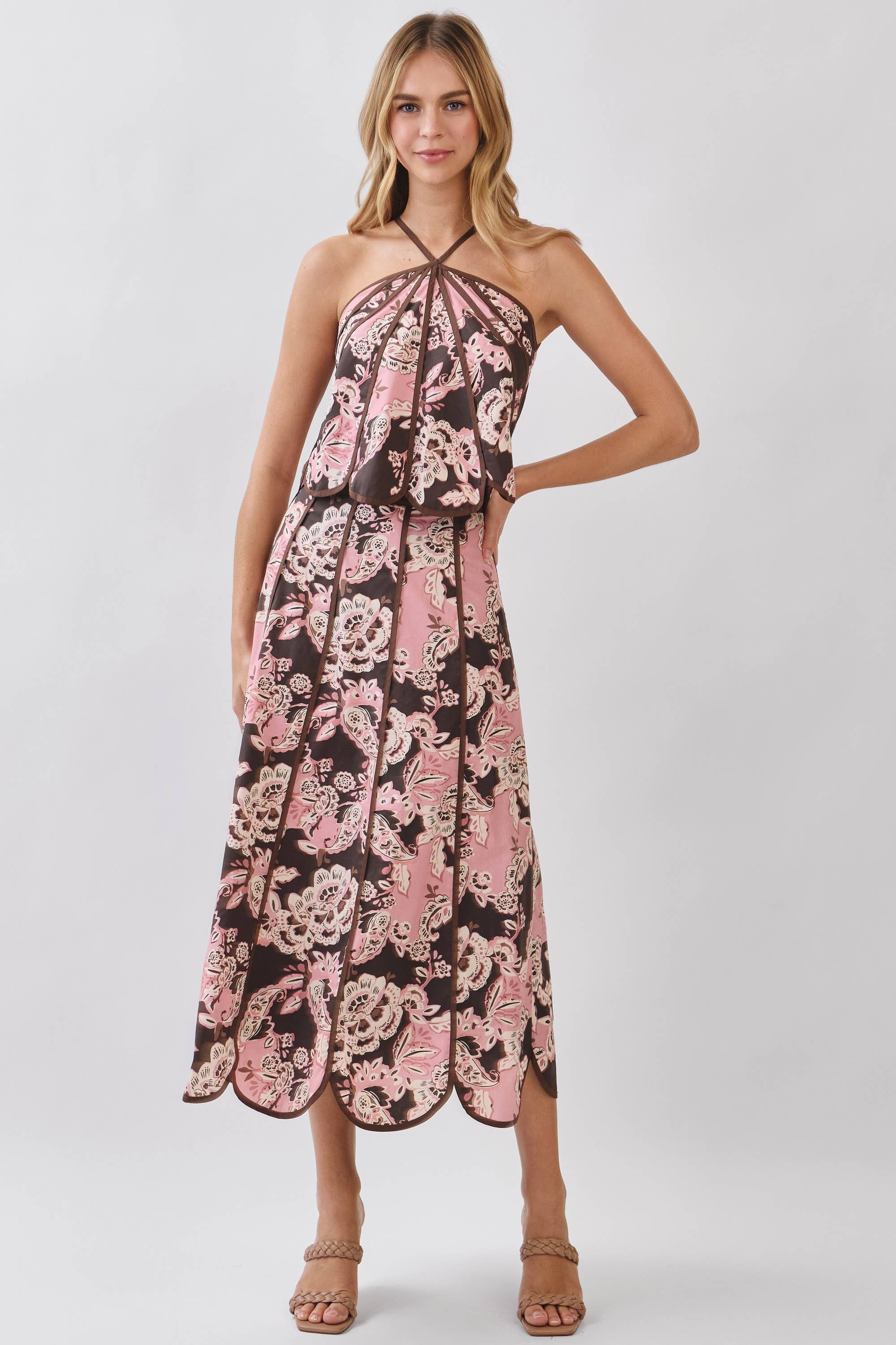 TCEC CS4094-Floral Print Saclloped Hem Paneled Midi Skirt