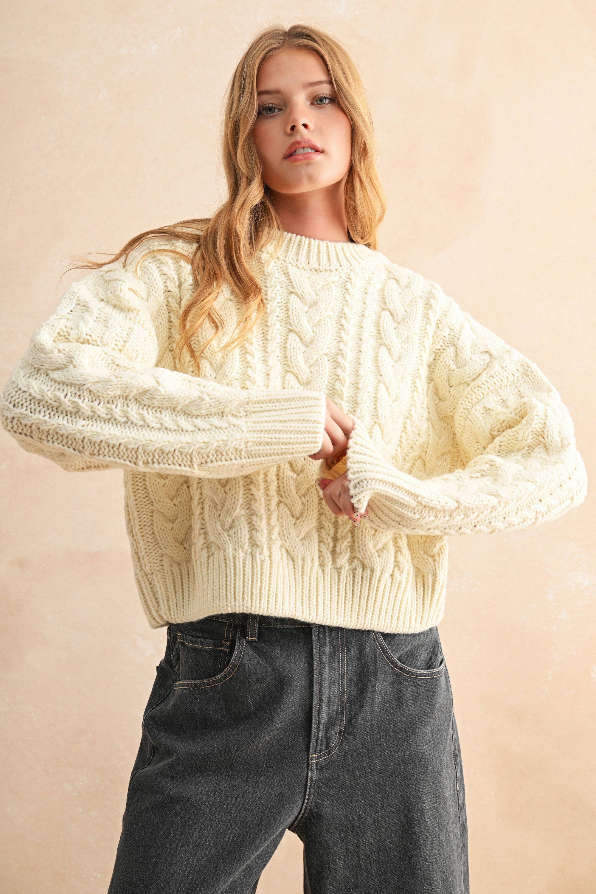 MIOU MUSE SUGAR COOKIE CABLE SWEATER IVORY