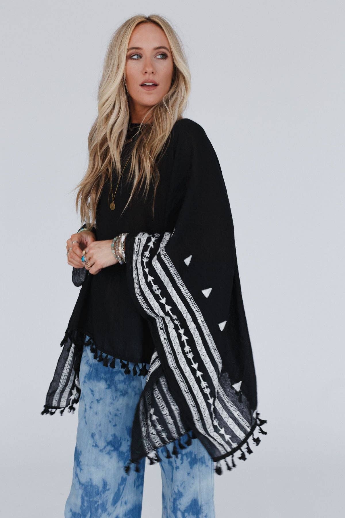 Three Bird Nest Fallon Embroidered Sleeve Tassel Poncho - Black