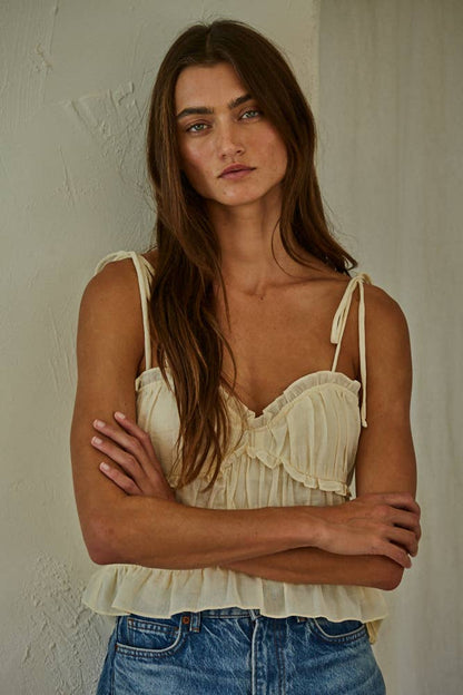 WOVEN COTTON V-NECK RUFFLE TOP