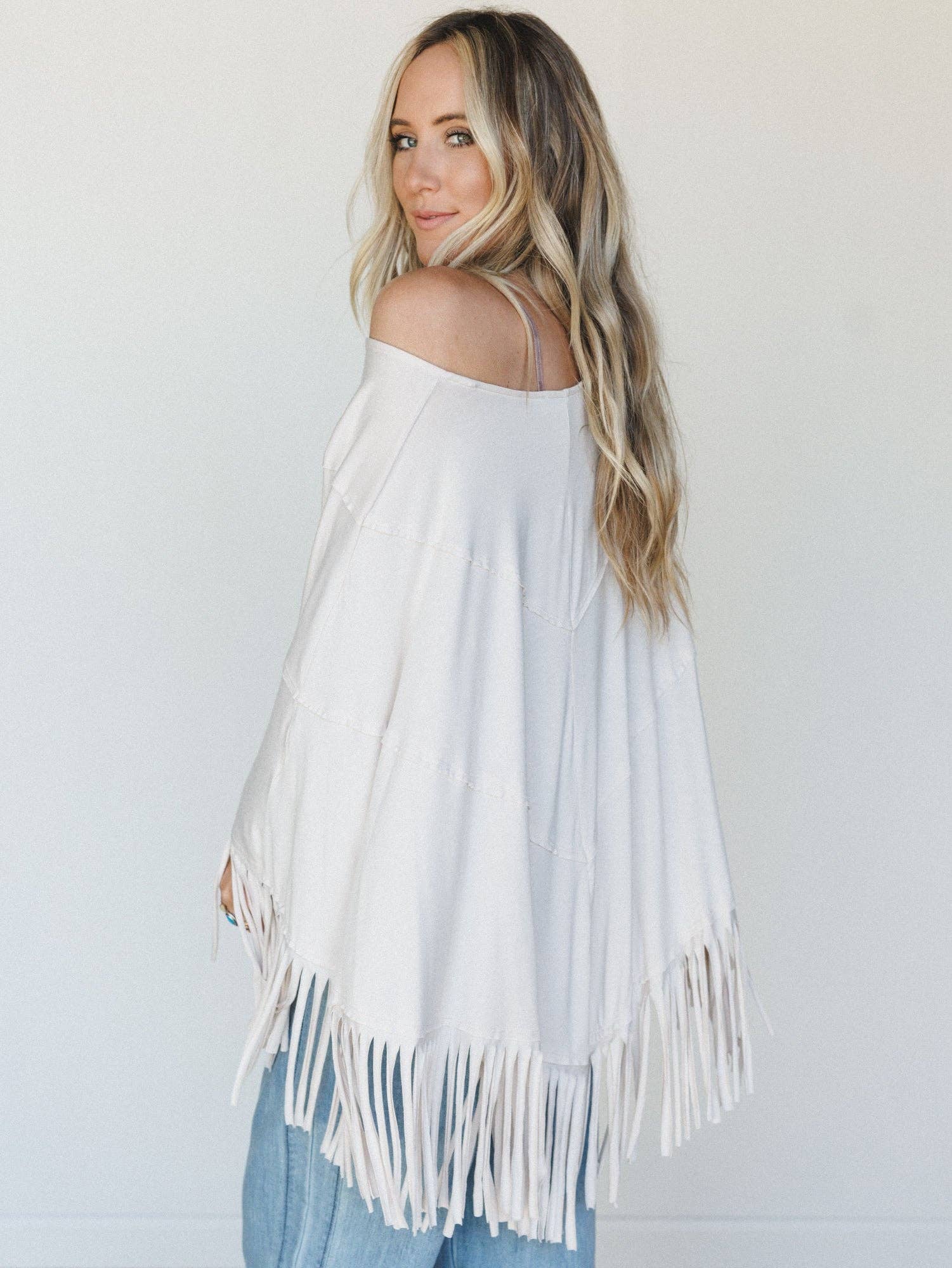 Three Bird Nest Showstopper Fringe Poncho - Oat