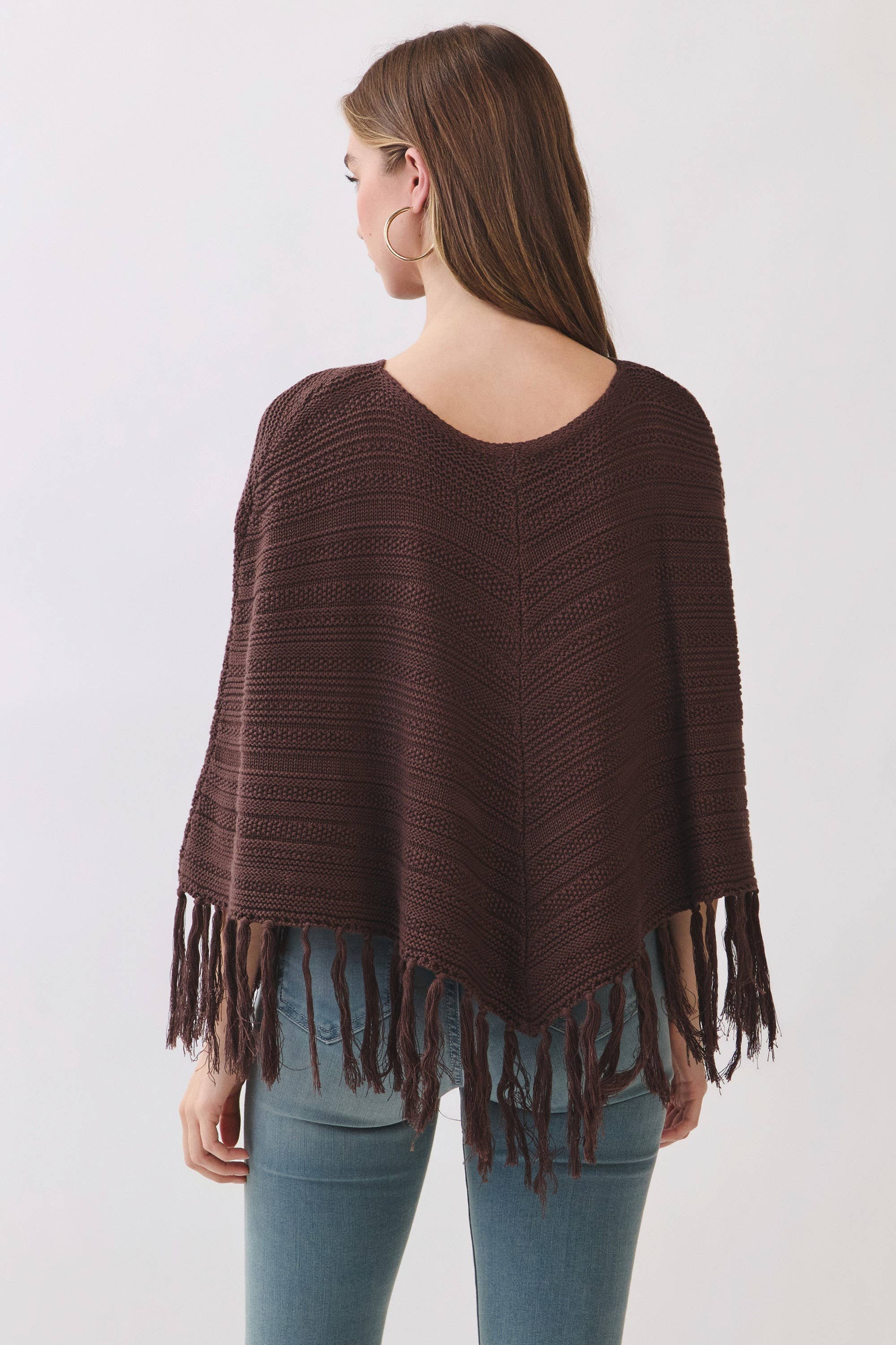 TCEC CW2663-Fringe Hem Boat Neckline Knit Poncho