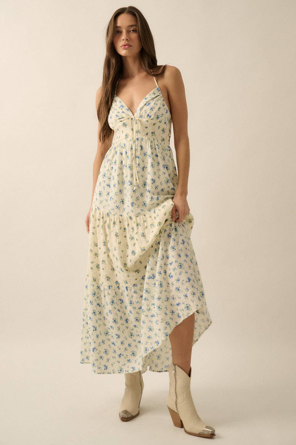 Promesa USA Floral Crinkle Cotton Colorblock Tiered Maxi Dress