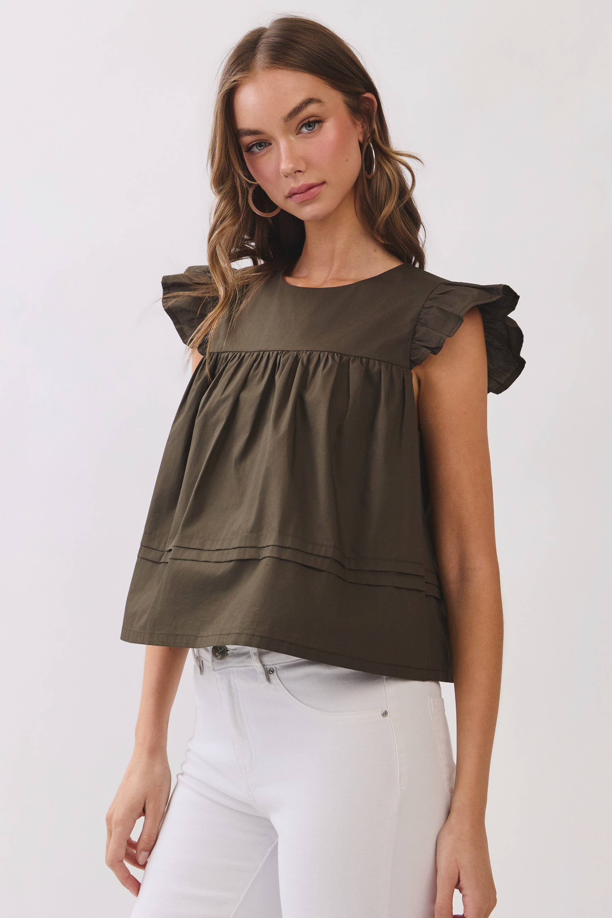 TCEC CT10115-Ruffle Sleeve Button Back Babydoll Top