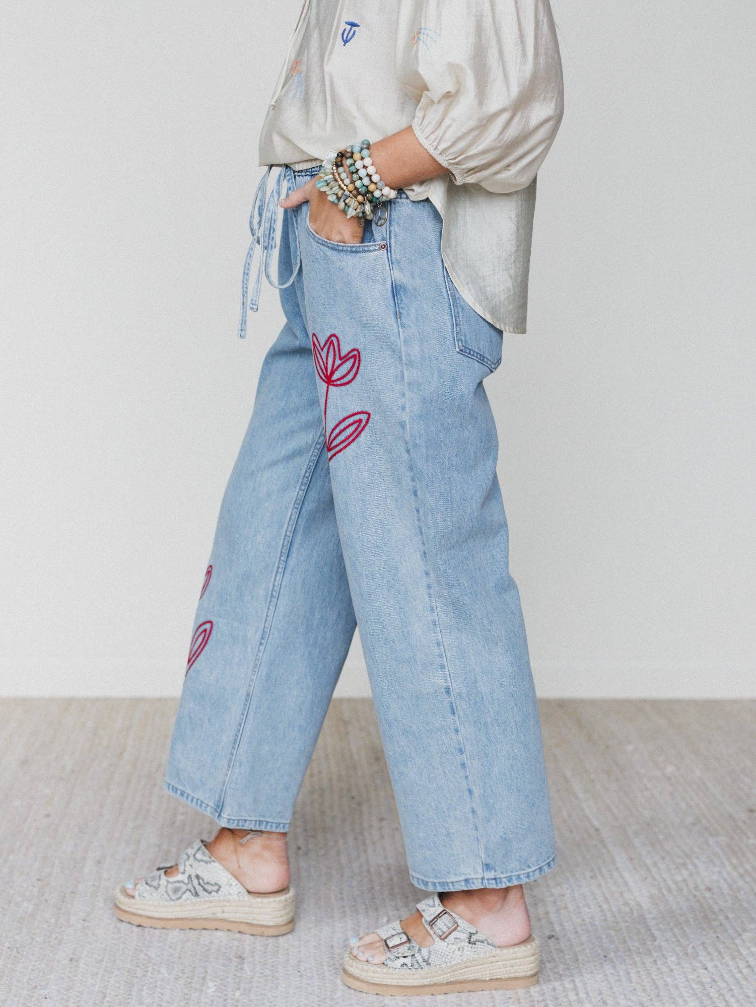 Three Bird Nest Soft Petal Denim Pants