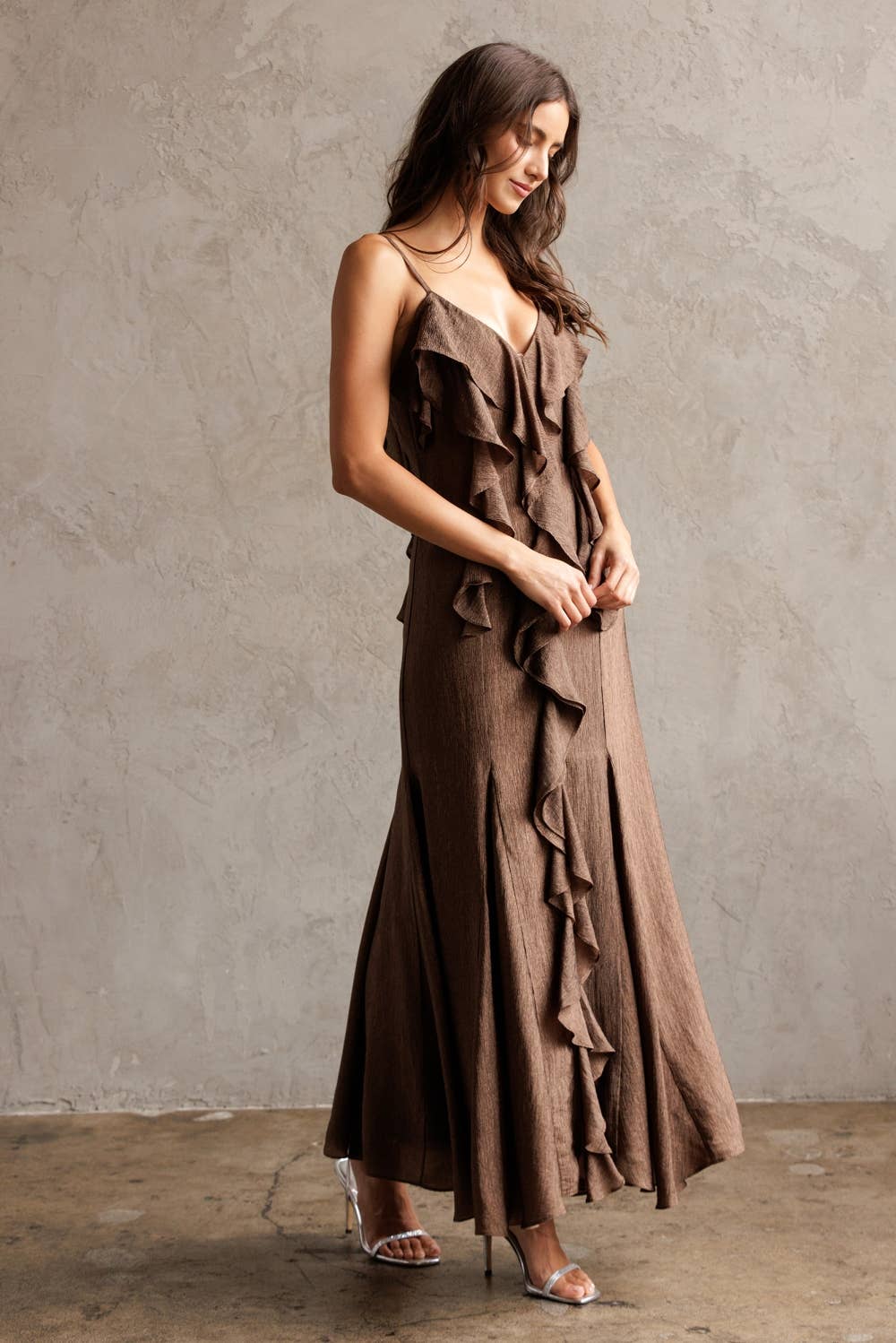 STORIA ENCHANTED RUFFLED MAXI DRESS BROWN