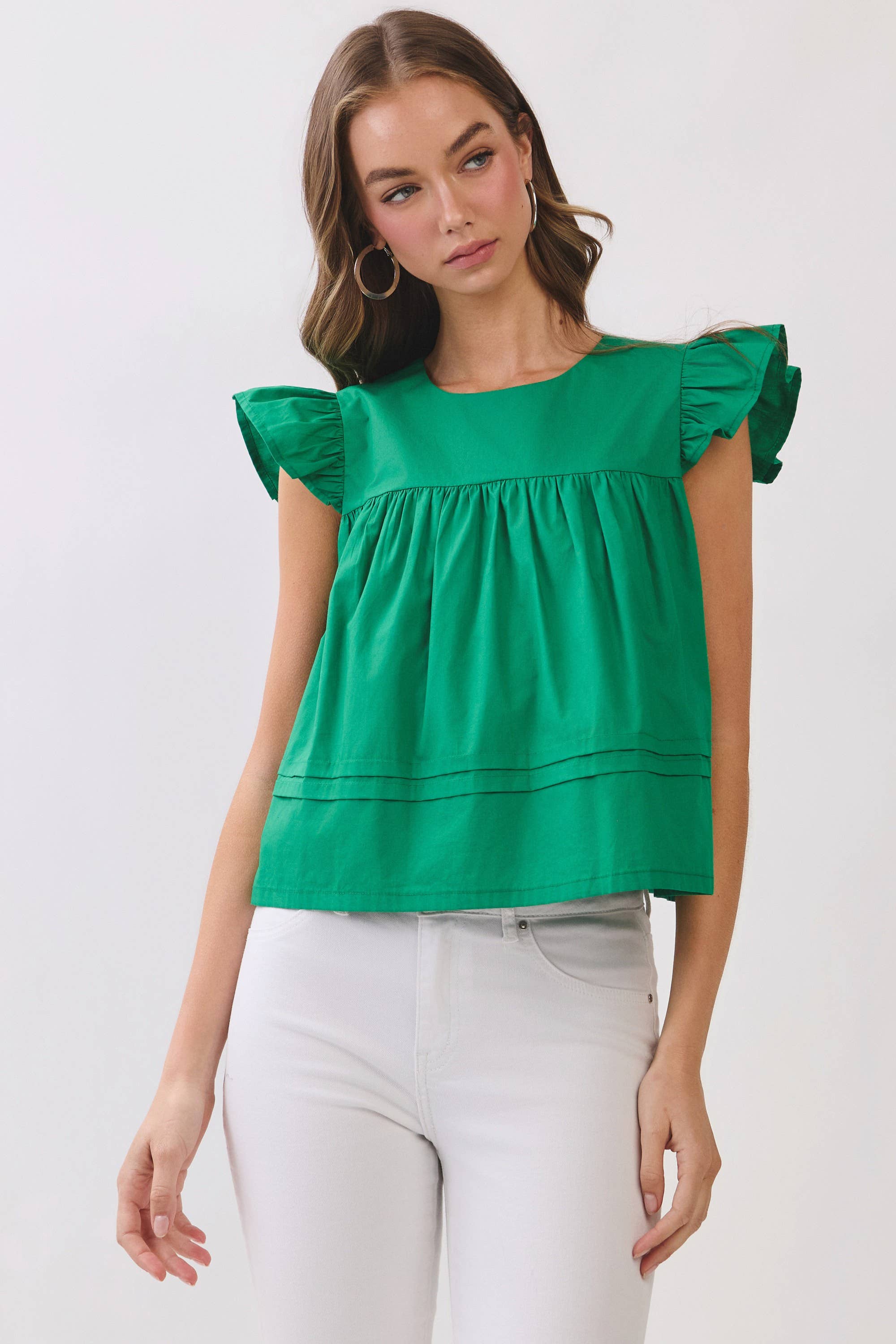 TCEC CT10115-Ruffle Sleeve Button Back Babydoll Top