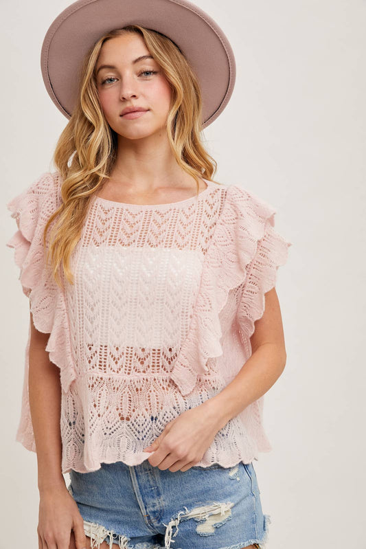 Bluivy OPEN KNIT FLUTTER-SLEEVE POINTELLE SWEATER TOP