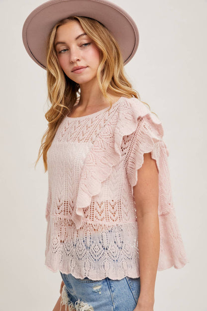 Bluivy OPEN KNIT FLUTTER-SLEEVE POINTELLE SWEATER TOP