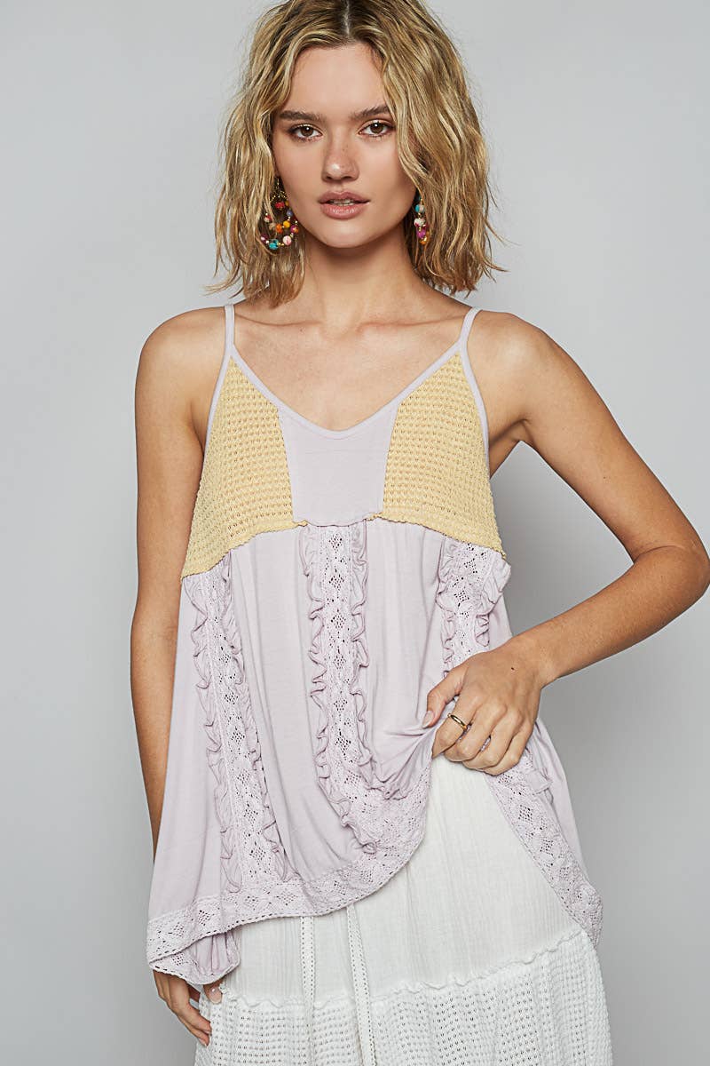 Pol Clothing V-neck sleeveless thermal contrast big ruffle front knit top