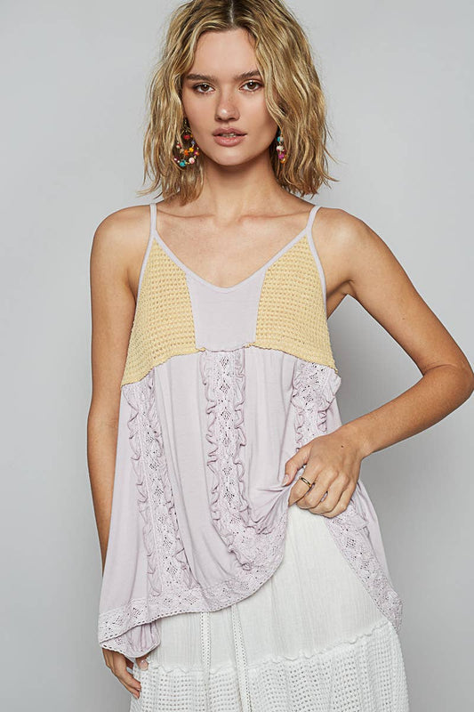 V-neck sleeveless thermal contrast big ruffle front knit top