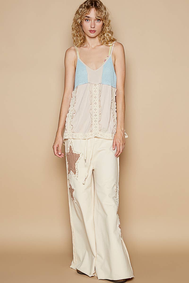 Pol Clothing V-neck sleeveless thermal contrast big ruffle front knit top