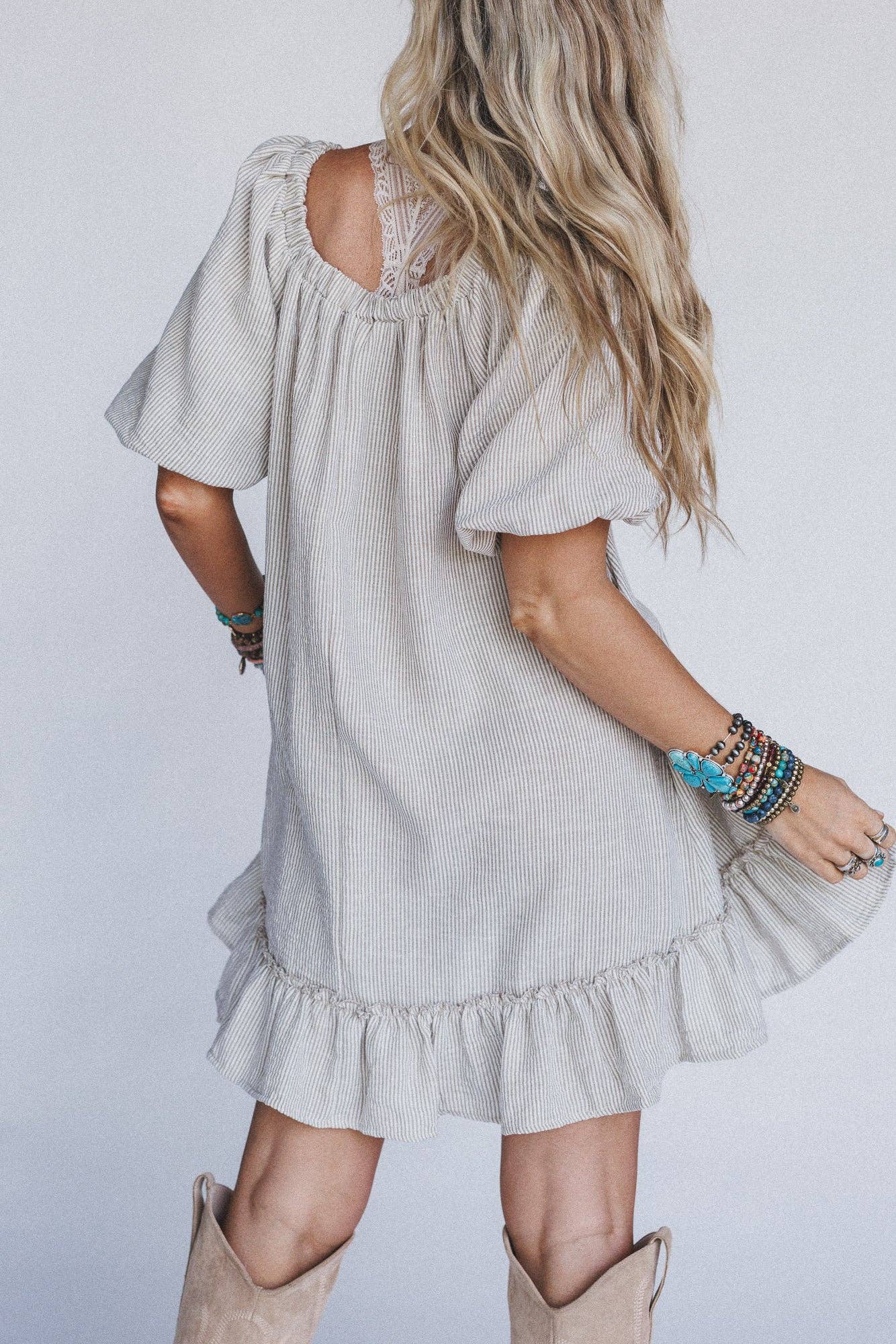 Three Bird Nest Solace Ruffled Hem Dress - Natural Beige