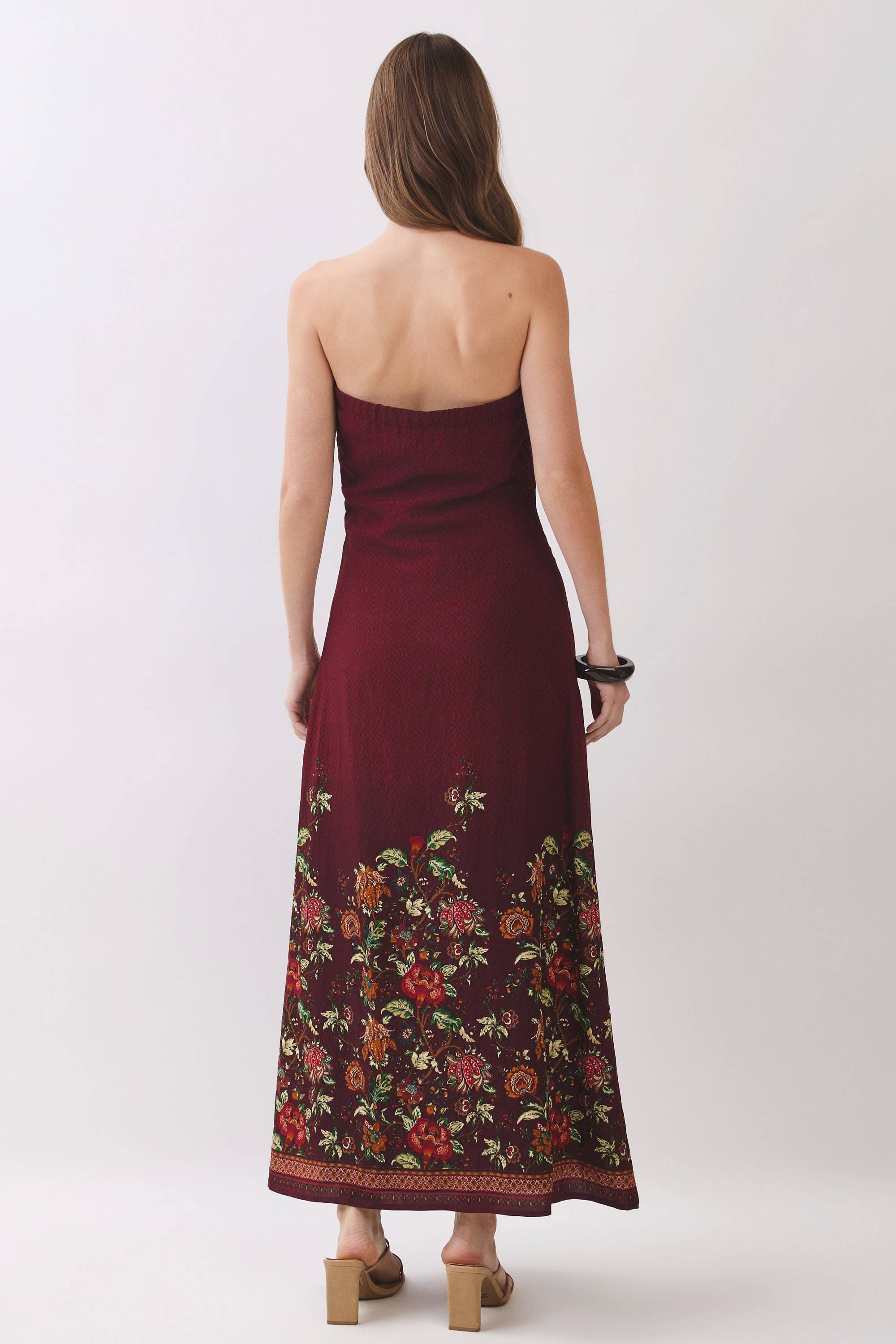 TCEC CD07414-Border Floral Strapless Maxi Dress